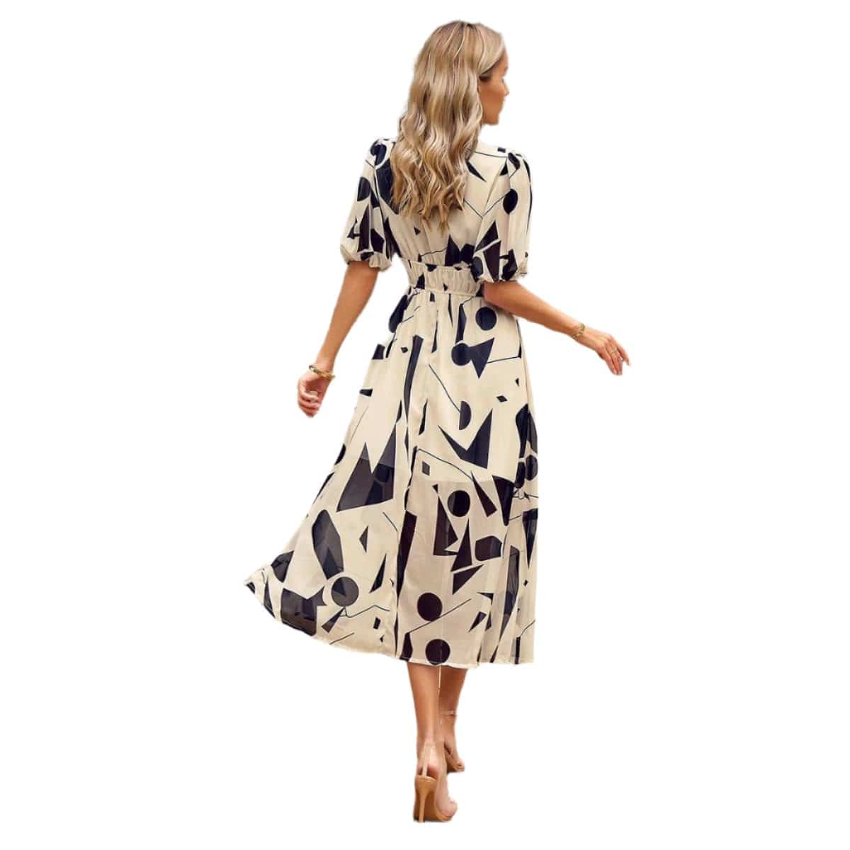 Puff Sleeve Dress. With a playful allover print and a flattering v-neckline, this midi length dress is perfect for any occasion. The added bonus of puff sleeves and lining will have you feeling comfortable and confident all day long. Get ready to turn heads and make a statement in this fashionable dress!