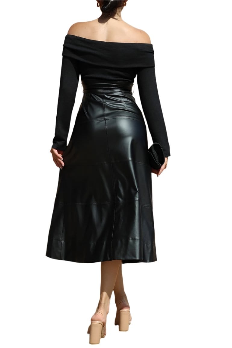 Prepare to captivate in Glenda's Off-Shoulder Dress! Featuring a top faux bottom, this dress combines and functionality. The elegant self-tie belt and side invisible ensure a perfect fit, while faux leather fabric adds a touch of edginess and the provides a flirty twist. Ideal for an evening out or for channeling your inner spy.