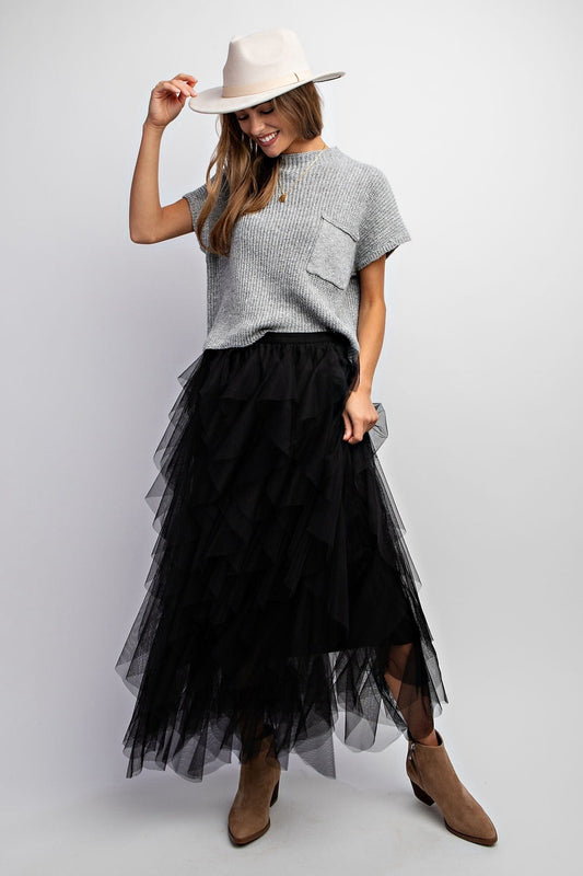 Elegant Cascading Tulle Skirt with layered tulle and high-waisted fit, creating a chic, flowing silhouette.