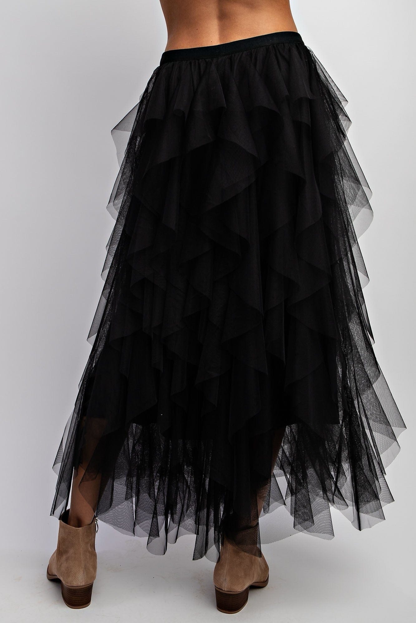 Elegant Cascading Tulle Skirt with layered tulle and high-waisted fit, creating a chic, flowing silhouette.