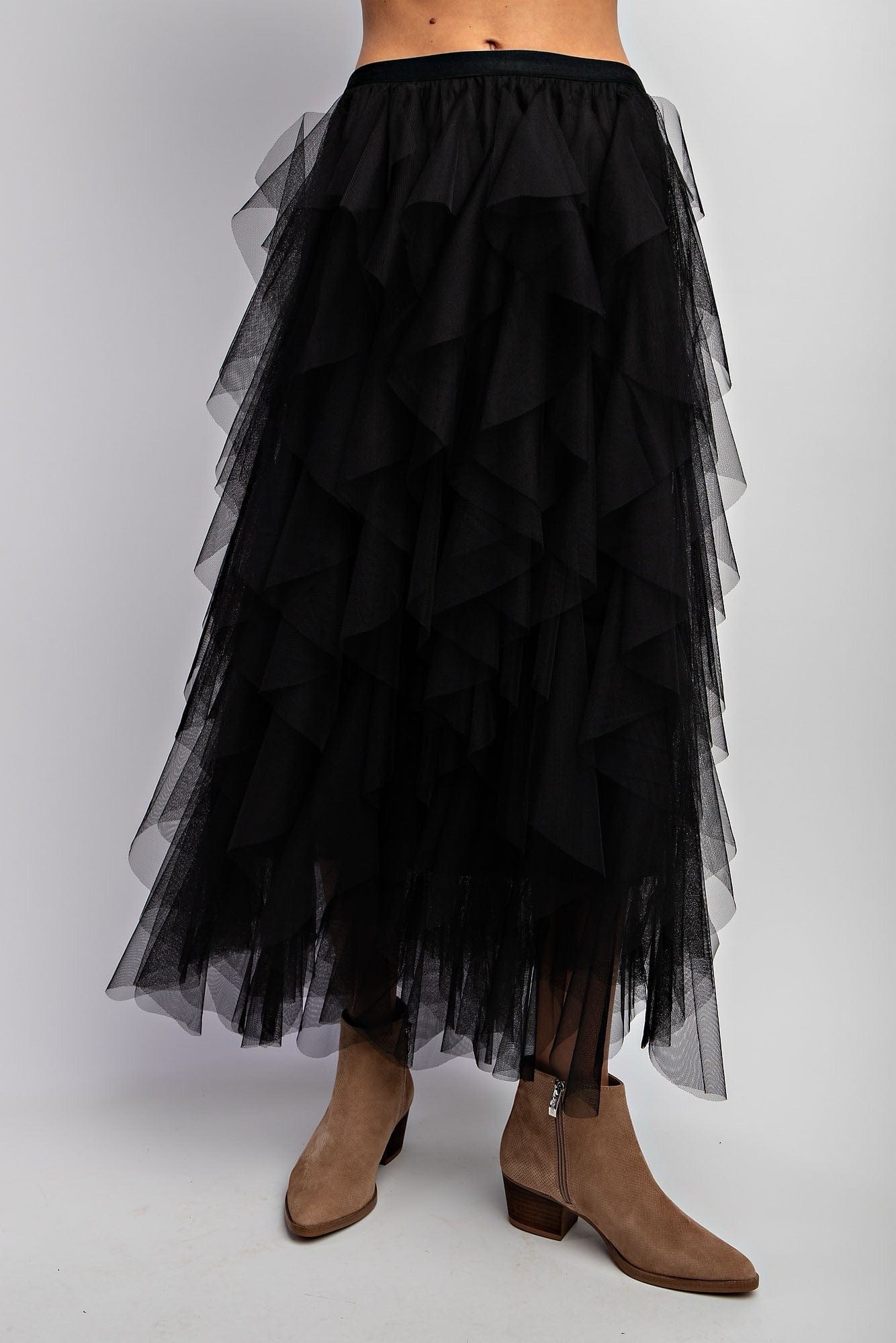 Elegant Cascading Tulle Skirt with layered tulle and high-waisted fit, creating a chic, flowing silhouette.