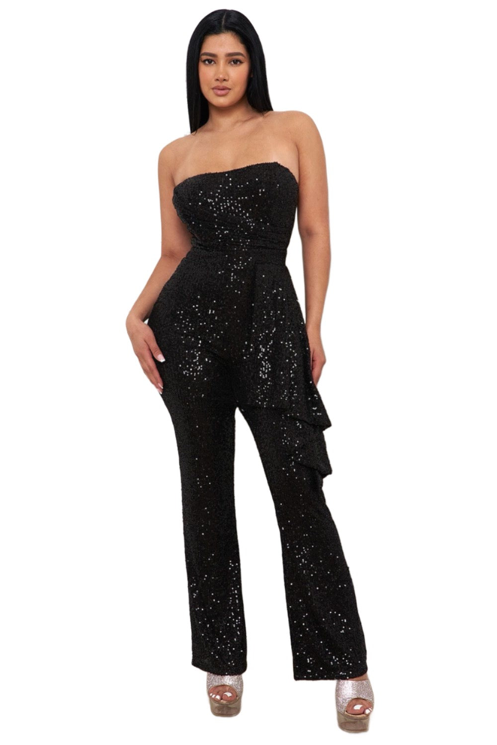 Glamorous Ella’s Sequin Tube Top Jumpsuit with sequin-embellished top and tailored pants for an elegant, statement look.