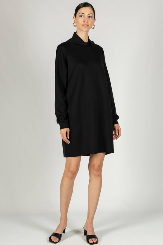 Elegant P Cill Butter Modal Cowl Neck Dress in soft scuba fabric, featuring a draped cowl neckline and flattering silhouette